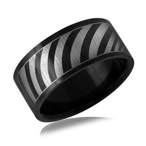 Stainless Steel Black & Rhodium Plated Zebra Stripe Band Ring